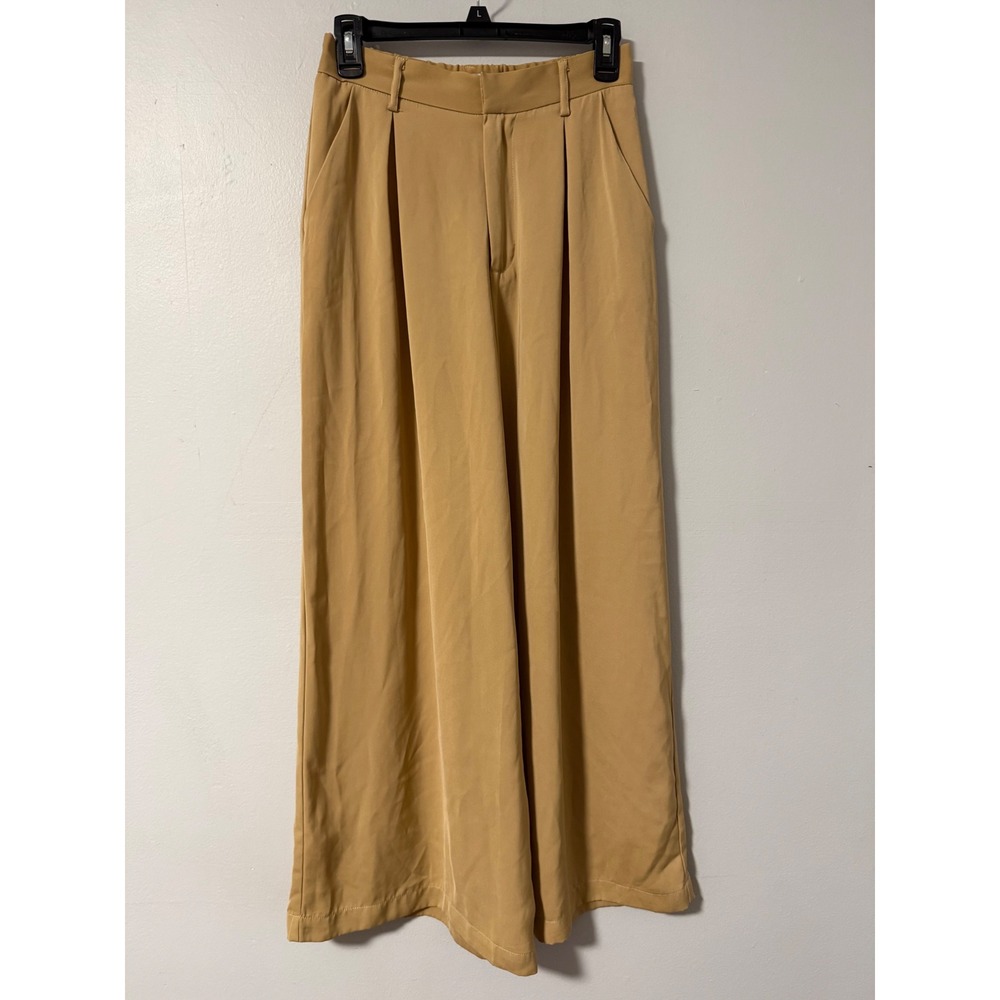 Tronjori Womens High Waisted Wide Leg Pleated Trousers Mustard Tan Small